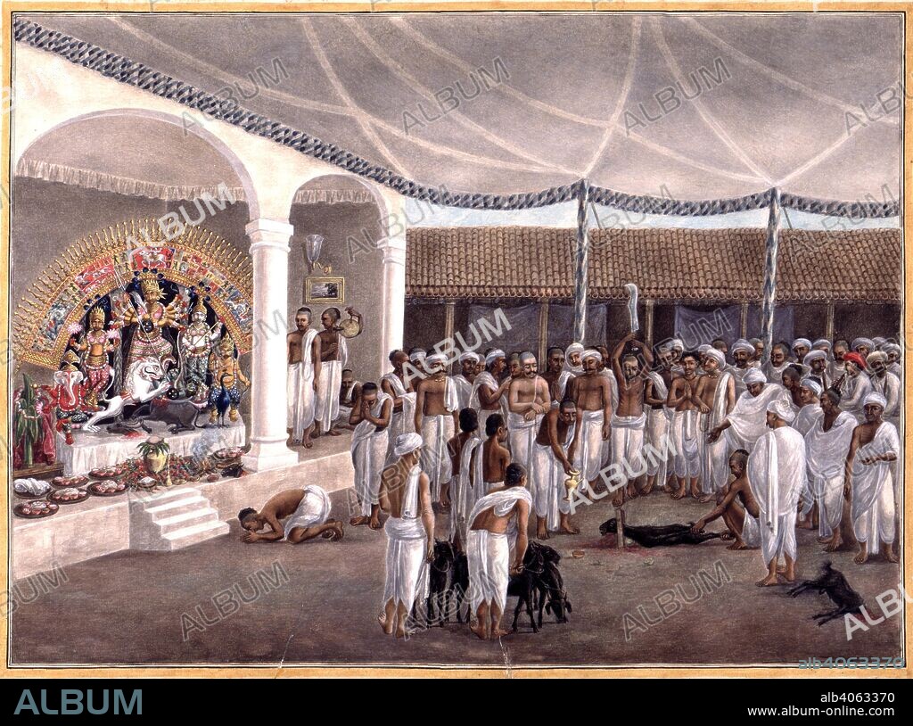 SEVAK RAM. Durga puja. Durga puja. To the left an image of Durga on the verandah of a house before which a goat is being sacrificed in the courtyard. A religious festival held in honour (sic) Devi, and in commemoration of her victory over the giant Doorg, in consequence of which she obtained the title of Doorga-Bhavani. Watercolour. Patna style. . Source: Add.Or.19,.