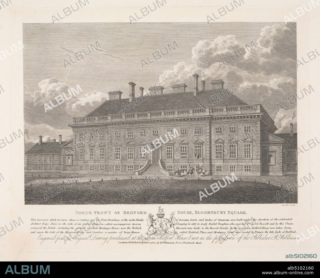 North Front of Bedford House, Bloomsbury Square, Bartholomew Howlett, 17671827, British, after unknown artist, 1822, Engraving on slightly textured, medium, white wove paper, Sheet: 11 9/16 × 14 inches (29.4 × 35.6 cm), Plate: 10 1/2 × 12 7/8 inches (26.7 × 32.7 cm), and Image: 7 7/8 × 11 3/4 inches (20 × 29.8 cm), architectural subject.