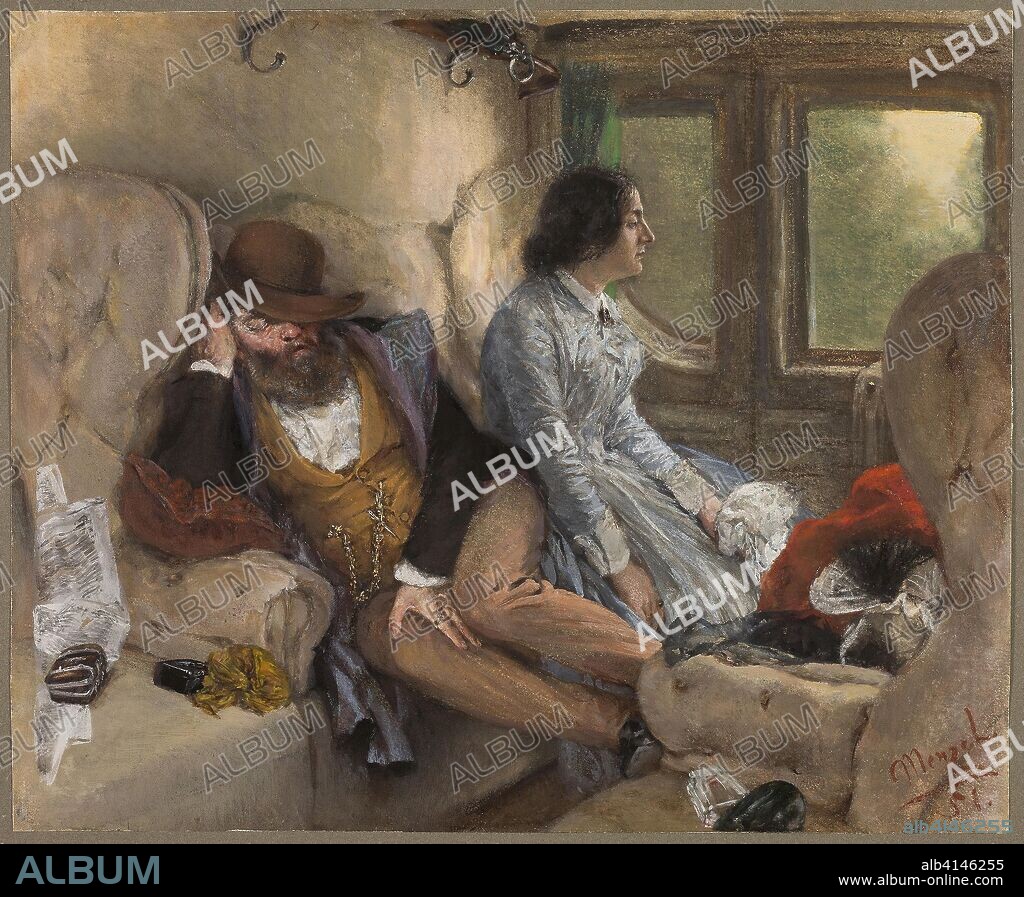 ADOLPH FRIEDRICH ERDMANN VON MENZEL. In a Railway Carriage (After a Night's Journey). Adolph Menzel; German, 1815-1905. Date: 1851. Dimensions: 273 × 330 mm. Gouache, with touches of pastel and oil paint, on cream wove paper, laid down on Japanese paper. Origin: Germany.