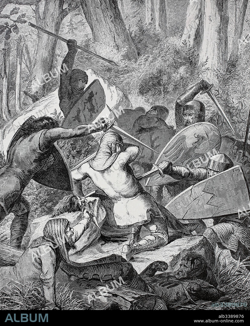 Werner von Kyburg or Wezelo, 980 - August 17, 1030, and Ernst II, died August 17, 1030, the Duke of Swabia, loyal friends until death, Historical, digitally restored reproduction of an original from the 19th century.