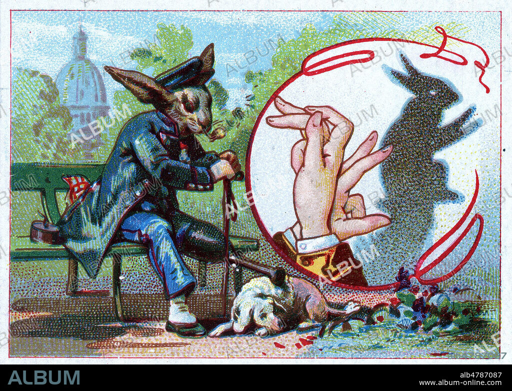 Lapin invalide, avec une jambe de bois. Chromo vers 1890, serie sur les ombres chinoises. Illustration anonyme. Credit : Collection IM/KHARBINE-TAPABOR.