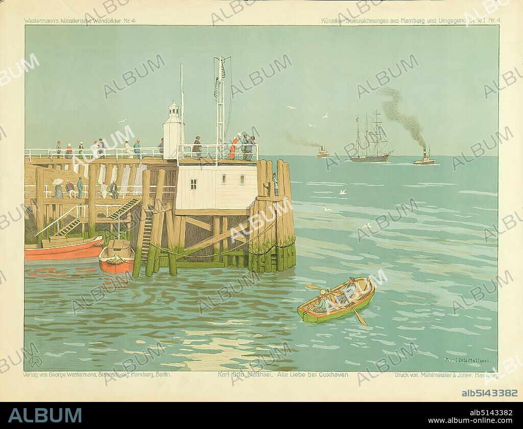 Mühlmeister & Johler, Verlag Georg Westermann, Karl Otto Matthaei, Alte Liebe bei Cuxhaven, lithography, Total: Height: 64 cm; Width: 83,2 cm, signed: recto u. r. in the printing form: Karl Otto Matthaei, artist posters, harbor, ships, rowing boat, canoe, steamer, motor ship, sailing ship, sailing boat, sea.