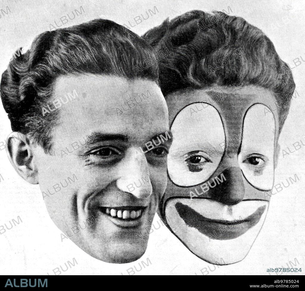1930. Primer plano de la cara del célebre humorista Rampe, (una pintada de payaso y otra sin pintar).