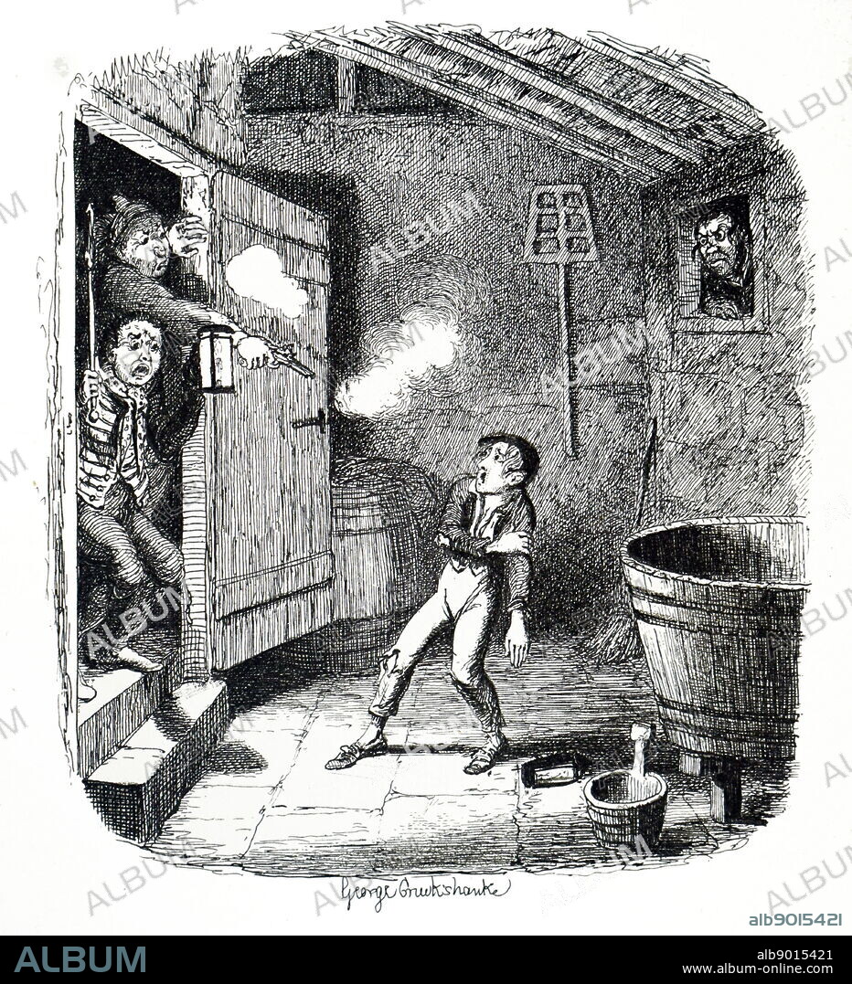 Illustration depicting the character Oliver Twist: Oliver is injured when being forced by Bill Sykes to carry out a burglary. Illustrated George Cruikshank (1792-1878) a British caricaturist and book illustrator. Dated 19th century.