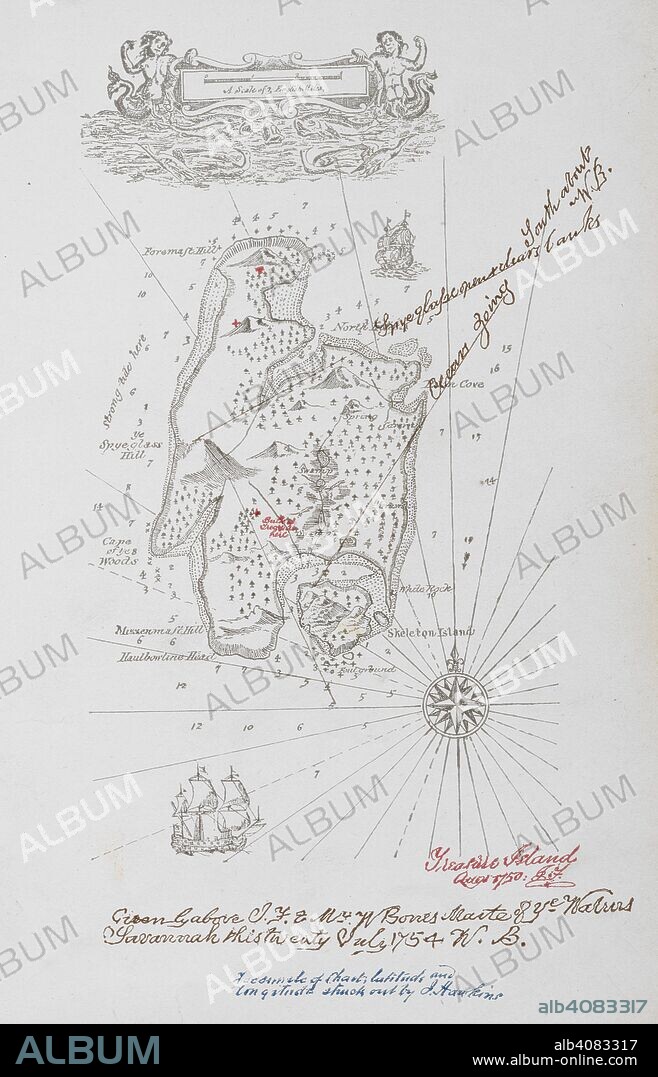 ROBERT LOUIS BALFOUR STEVENSON and WALTER PAGET. A map of Treasure Island. Treasure Island ... New edition. Cassell & Co.: London, 1899. Source: 012624.f.3, opposite XII.