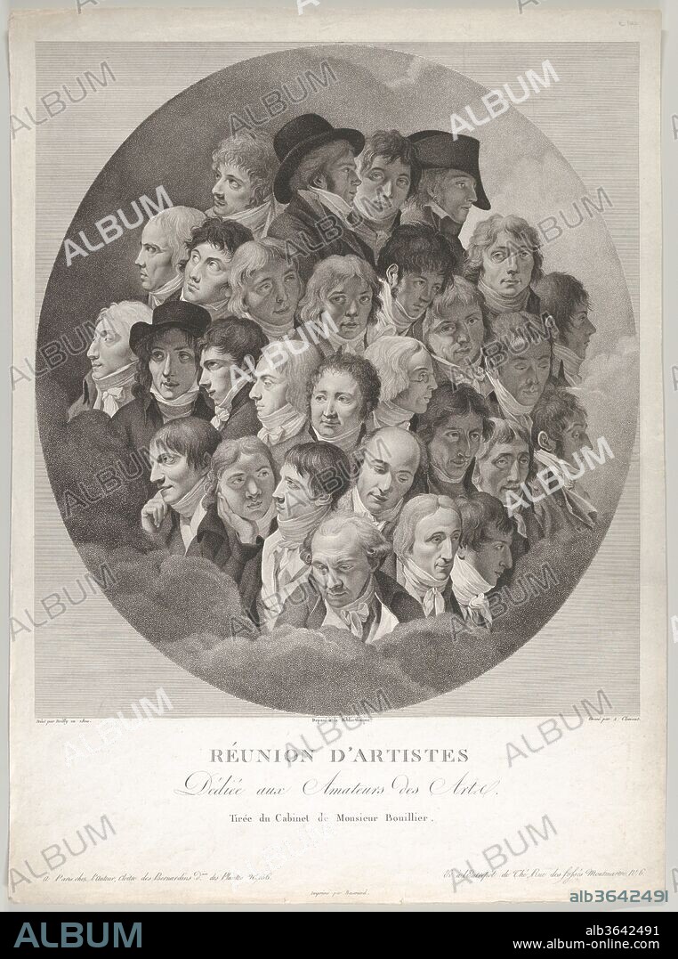 ALEXANDRE CLEMENT et AFTER LOUIS LéOPOLD BOILLY. Réunion d'Artistes (Reunion of Artists). Artist: After Louis Léopold Boilly (French, La Bassée 1761-1845 Paris); Alexandre Clément (French, ca. 1775-?1808). Dimensions: Sheet: 20 1/2 × 15 1/8 in. (52 × 38.4 cm)
Image: 15 1/2 × 13 7/8 in. (39.3 × 35.2 cm). Date: 1804.
This print reflects the popularity of Boilly's painting, Reunion of Artists in Isabey's Studio (1798, Musée du Louvre, Paris). Grouped into an oval surround, the 29 heads are portraits of artists, architects, and actors, all well-known figures of the day.