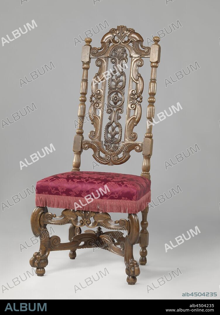 Chair with angled front legs, X-shaped cross and upholstery with flower pattern, Chair made of walnut, covered in bronze-colored pressed fabric flower pattern. The chair has angled front legs in the shape of broken S-volutes and rests on lion's claws that include spheres. The X-shaped cross has broken S-volutes, as well as the front cover. There is a button at the intersection. The high, open-worked back also shows S-volutes. The elongated center piece is decorated with circle and rosette in the middle and above and below with acanthus leaves and rosettes., anonymous, Netherlands, 1685 - 1700, wood (plant material), walnut (hardwood), h 131.0 cm × w 57.0 cm × d 61.0 cm × h 51.0 cm × w 52.5 cm × d 45.0 cm.