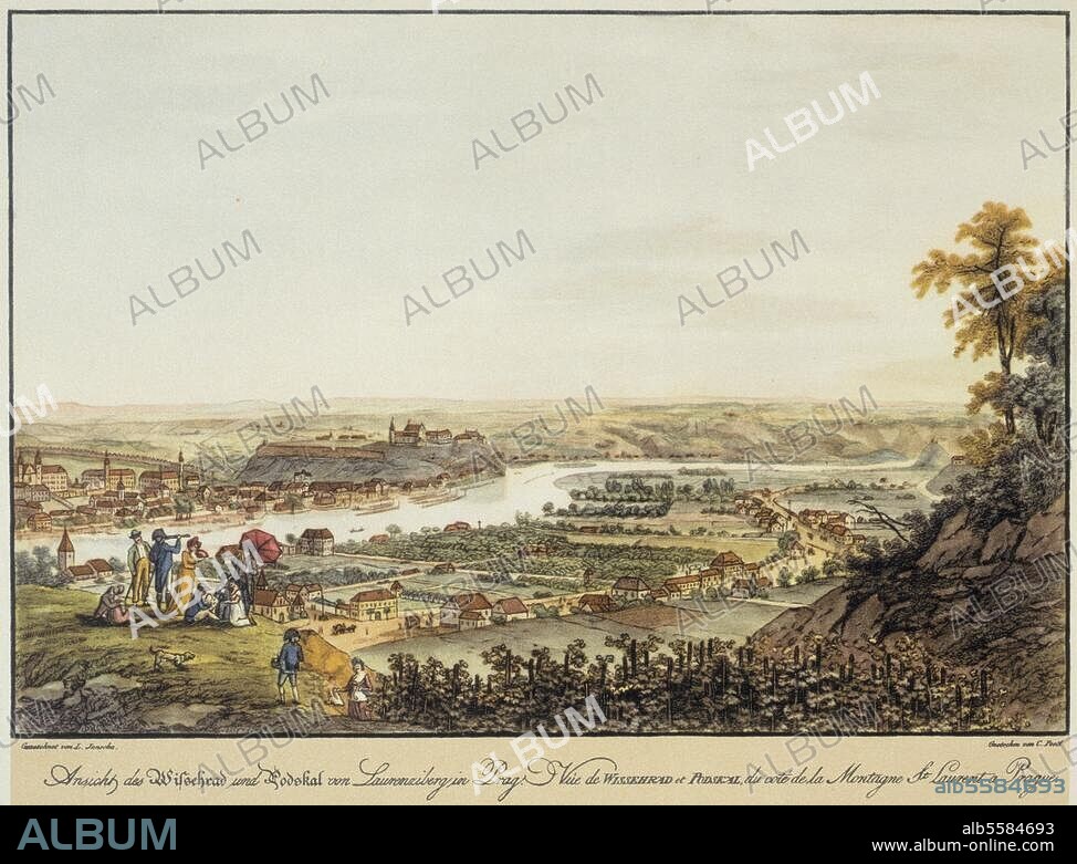 LAURENZ JANSCHA and CHARLES SEALSFIELD. Prague, Wyscherad. "View of the Wisherad and Podskal in Prague". (View from the Kinsky Garden of the Danube Valley, Smichov and Wyscherad). Coloured etching, by Karl Postl. (1769-1818) after Lorenz Janscha (1749-1812).