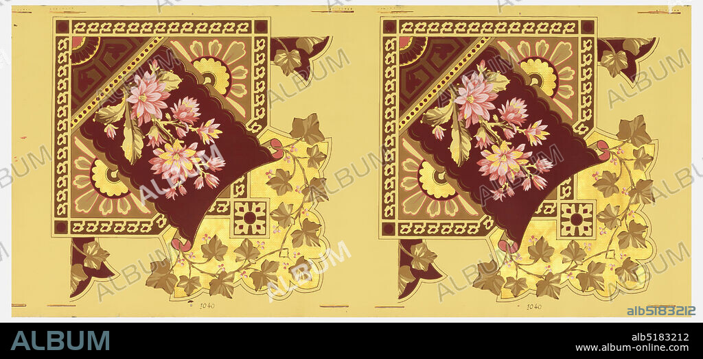 Ceiling border, Block-printed paper, Wallpaper roll. Ceiling medallion containing large pink floral bouquet, over that is ivy against gold background, printed in colors on taupe ground, USA, 18751906, Wallcoverings, Ceiling border.