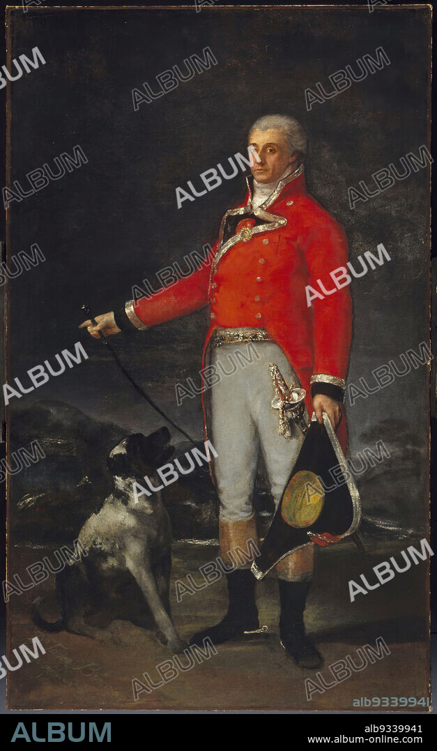 Portrait of Don Tadeo Bravo de Rivero, Francisco de Goya y Lucientes, Spanish, 1746-1828, Oil on canvas, Spain, 1806, 81 1/2 x 45 11/16in., 207 x 116cm, 1806, calvary, calvary officer, devotion, dog, fidelity, grand manner, hat, hunting, male figure, man, medal, military, oil on canvas, portrait, red, scarlet coat, Spain, Spanish Painting, spurs, standing figure, sword, tri-cornered hat, x-ray.