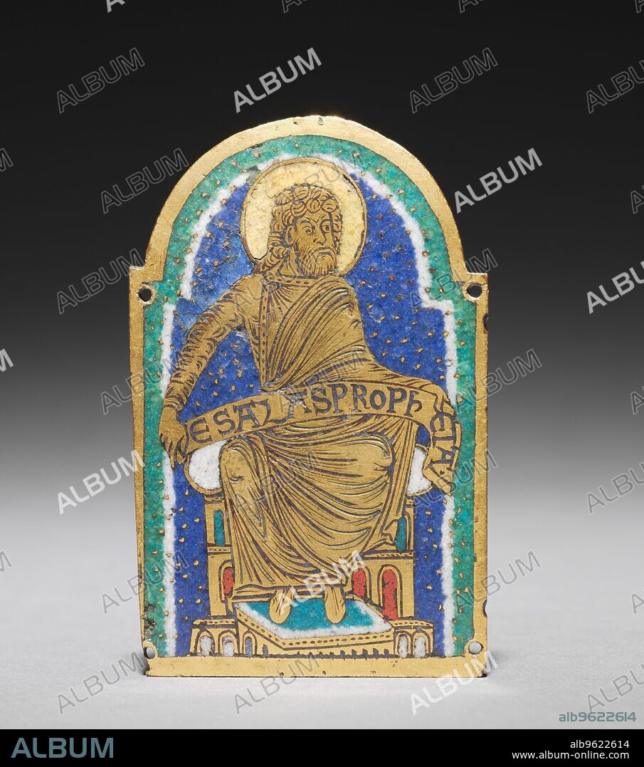 Plaque: Seated Prophet from a Reliquary Shrine: Esais (Isaiah), c. 1170-1180. Once used as decorations for a reliquary shrine, each enamel plaque represents a biblical prophet: Isaiah, Zacharias, Elisha, and Hosea. Fine gold dots punctuate dark blue backgrounds. Typical of Hildesheim enamels, this detailing creates the illusion that the prophets sit against star-studded twilight skies.