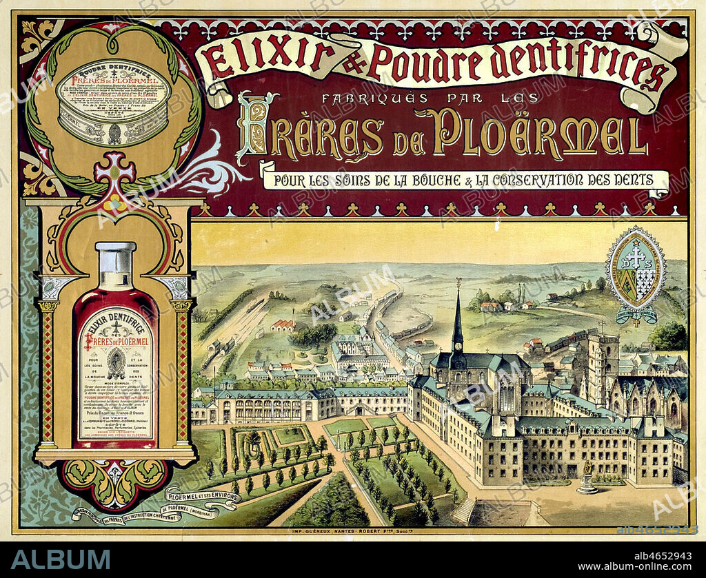 'Elixir et poudre dentifrices fabriques par les Freres de Ploermel, pour les soins de la bouche et la conservation des dents'. Illustration anonyme pour une publicite fin 19eme s. Credit : Collection IM/KHARBINE-TAPABOR.