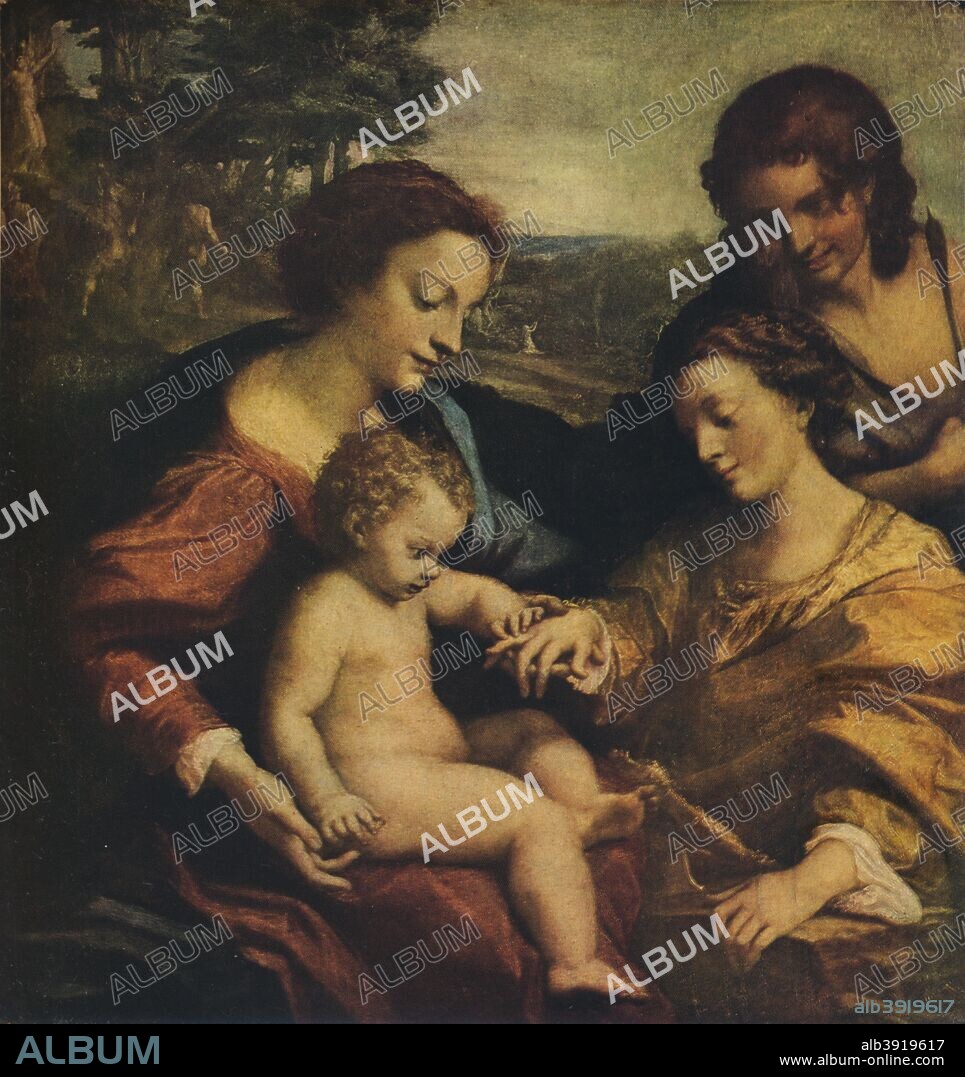 'The Mystic Marriage of St Catherine', 1526-1527. St Catherine of Alexandria with the Virgin and Child, watched by St Sebastian. Painting housed in the Musee du Louvre, Paris. From The World's Greatest Paintings, edited by T. Leman Hare. [Odhams Press Ltd, London, 1934].
