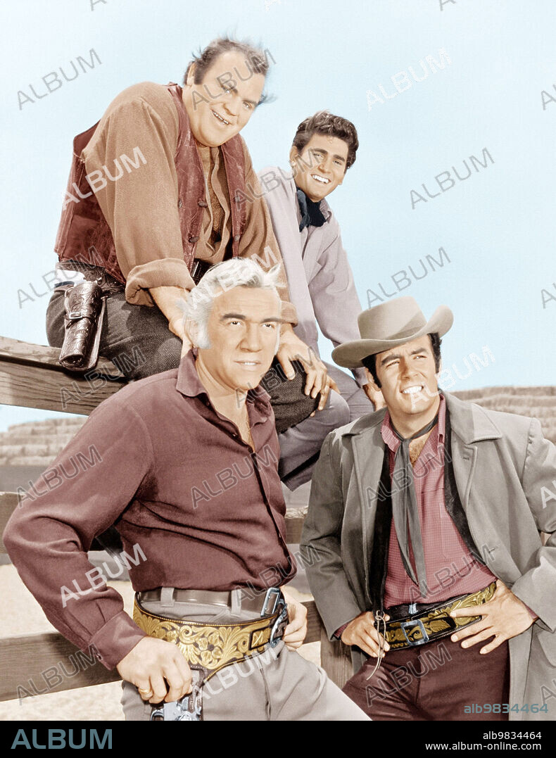 DAN BLOCKER, LORNE GREENE, MICHAEL LANDON and PERNELL ROBERTS in BONANZA, 1959 (BONANZA-TV), directed by LEWIS ALLEN and ROBERT ALTMAN. Copyright NATIONAL BROADCASTING COMPANY (NBC).