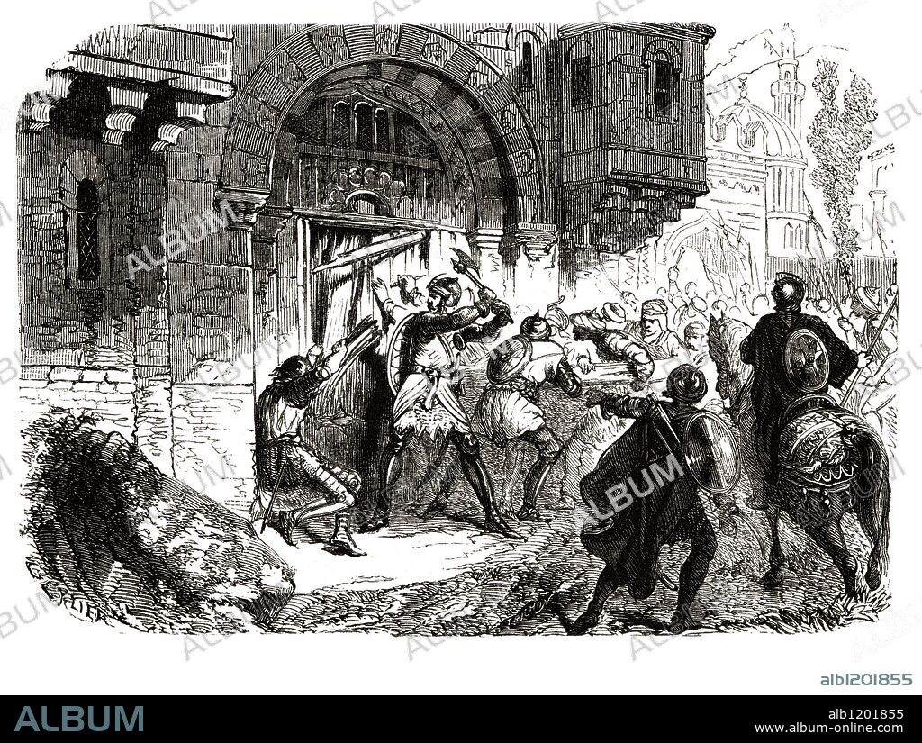 Juan II Comneno, emperador de Bizancio enfrentándose a los pechenegos, pueblo originario de Asia central. Grabado de 1866.
