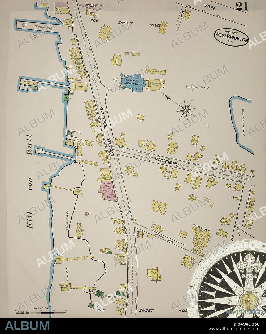Image 21 of Sanborn Fire Insurance Map from Staten Island (Borough Of Richmond), Richmond County, New York. Jul 1885. 31 Sheet(s). Includes Staten Island. Bound, America, street map with a Nineteenth Century compass.