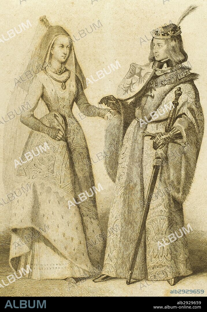Holy Roman Emperor Maximilian I (1459-1519) with his wife Mary of Burgundy (1457-1482). Engraving.