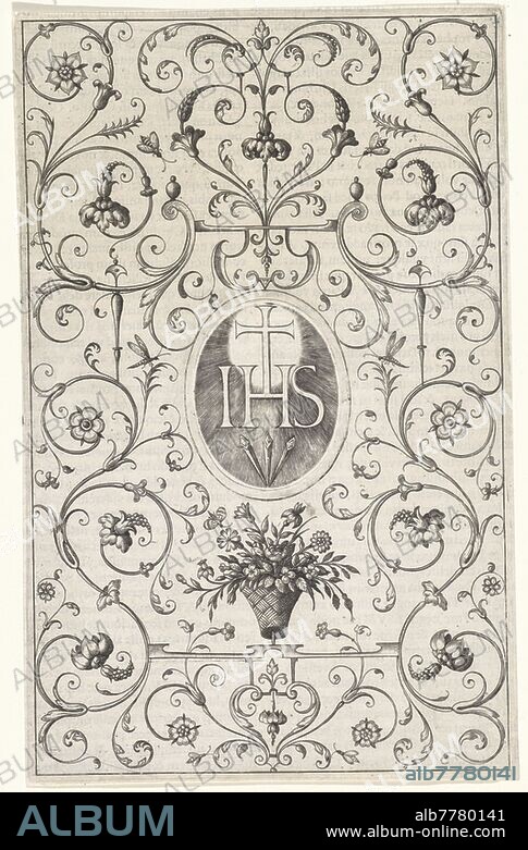 Ornament with flowers and the monogram of Christ, IHS ('Iesus Hominum Salvator'), symbol of Christ, flowers, ornament, Wierix (attributed to), Antwerp, 1594, paper, letterpress printing, h 230 mm × w 146 mm.