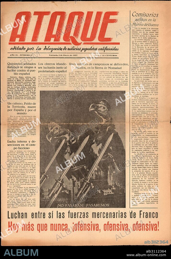 Guerra civil española (1936-1939). Portada de la revista Ataque, editado por las milicias populares antifascistas. Valencia, enero de 1937.