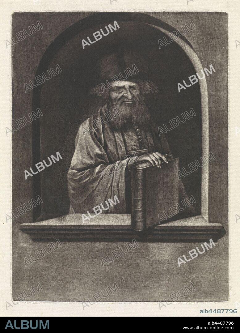 Portrait of Saul ben Aryeh Loeb Loewenstamm, Portrait of the rabbi Saul ben Aryeh Loeb Loewenstamm in a window. His right hand rests on the book Binjan Ariel, book, head-gear: hat (men's clothes), rabbi, Saul ben Aryeh Loeb Loewenstamm, Johannes Craco (mentioned on object), 1771 - 1850, paper, h 250 mm × w 187 mm.