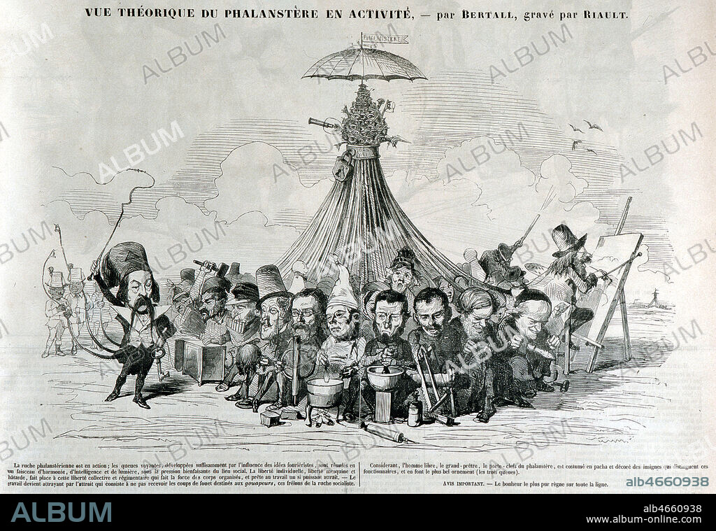 'Vue theorique du phalanstere en activite'. Caricature de BERTALL (1820-1882) publiee dans le Journal pour Rire du 5 mai 1849. Credit : Coll. Dixmier/KHARBINE-TAPABOR.