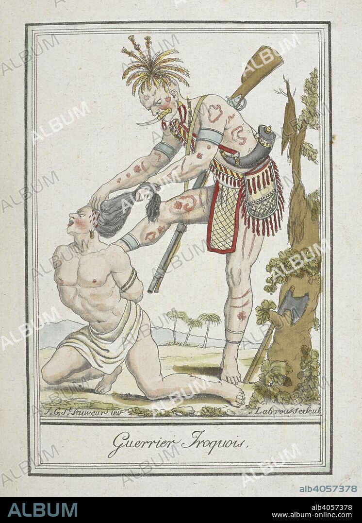 JACQUES GRASSET DE SAINT-SAUVEUR. Guerrier Iroquois. An Iroquois warrior scalping another figure. EncyclopeÌdie des Voyages, contenant l'abreÌgeÌ historique des mÅ“urs ... de tous les peuples: Et la collection complette de leurs habillemens civils, militaires, religieux et dignitaires, dessineÌs d'apreÌ€s nature, ... et colorieÌs aÌ€ l'aquarelle. Paris, 1796. Source: 1259.b.13-17, tom. 5 plate 30. Language: French.