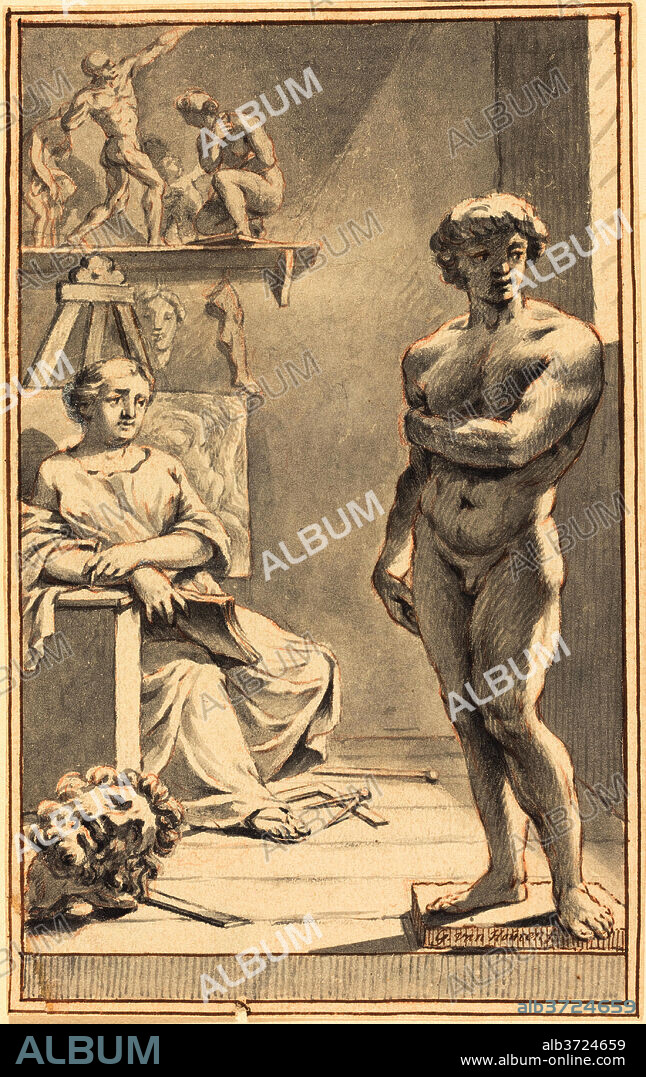 GERARD VAN HOUTEN. Allegory of Sculpture. Dimensions: sheet: 15.9 x 10.1 cm (6 1/4 x 4 in.). Medium: red chalk with pen and brown ink and gray wash on laid paper.