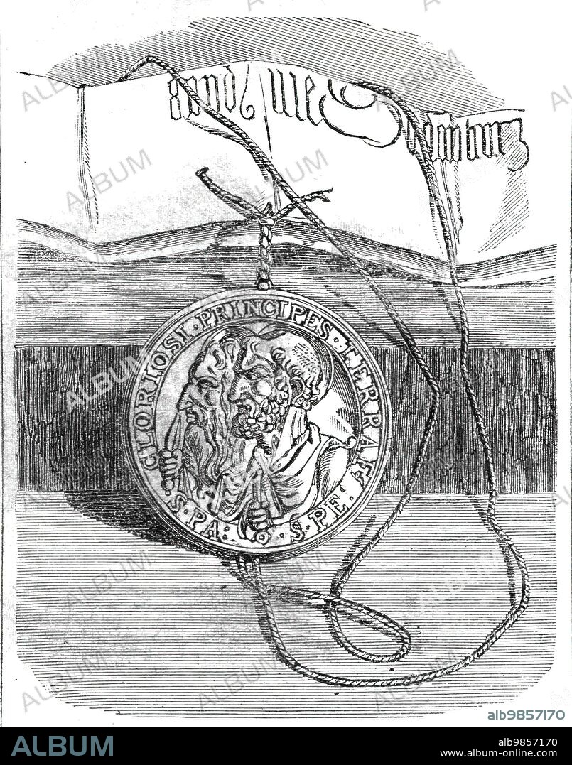 The Golden Bull of Clement VII. confirming Henry VIII. in the title of Defender of the Faith, 1860.  'The title...which forms a part of the Royal style of British Sovereigns, was originally bestowed upon Henry VIII. in 1521, by Pope Leo X., in requital of that monarch's celebrated "Defence of the Seven Sacraments " against Martin Luther...The apostolical confirmation of Leo's rescript to which the seal is affixed is now in our Public Record Office, and forms one of its most valued treasures. It was granted by Leo's successor, Pope Clement Vll., in 1524, and in the exaggerated praises lavished on Henry it even exceeds its predecessor, though, so far as the title is concerned, it simply confirms the grant to the King himself - "Approbamus, confirmamus Tibique perpetuum et proprium deputamus". Henry was so gratified by the honour, however, that he continued to wear it after he had quarrelled with the Popes and denied them authority...The obverse of Clement's golden bull represents the customary heads of the Apostles St. Paul (on the right) and St. Peter (on the left); with the legend, "Gloriosi - Principes - Terrae - S. Pa - S. Pe.".' From "Illustrated London News", 1860.
