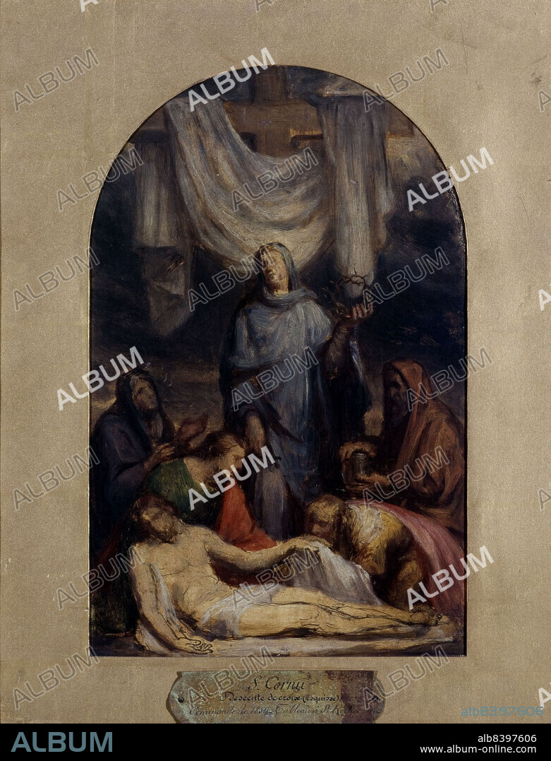 SEBASTIEN-MELCHIOR CORNU. Esquisse pour la chapelle de la Compassion de l'église Saint-Roch : "Le Christ descendu de la Croix", 1856. The Deposition from the Cross. The body of Christ is mourned by St John, Mary Magdalen and the Virgin Mary, (standing, holding crown of thorns).