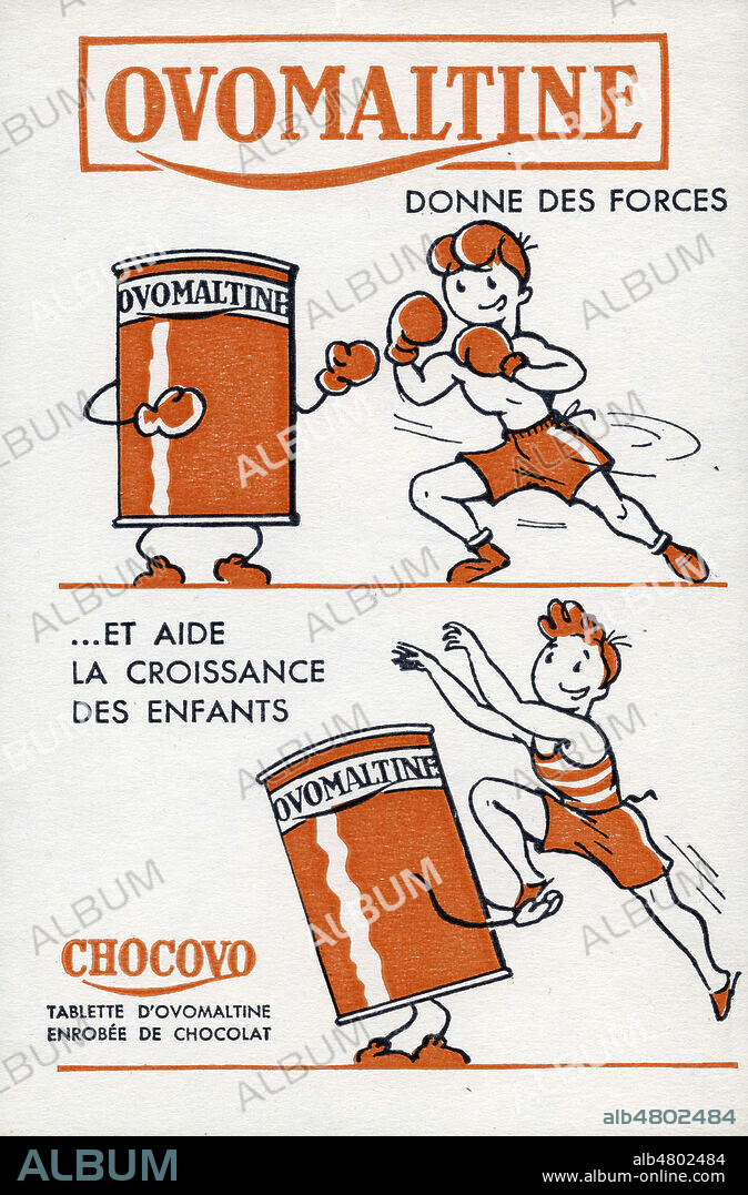 'Ovomaltine donne des force et aide la croissance des enfants'. Un enfant faisant de la boxe et sautant au dessus d'une boite d'Ovomaltile. Illustration anonyme pour un buvard publicitaire vers 1950. Credit : Collection IM/KHARBINE-TAPABOR.