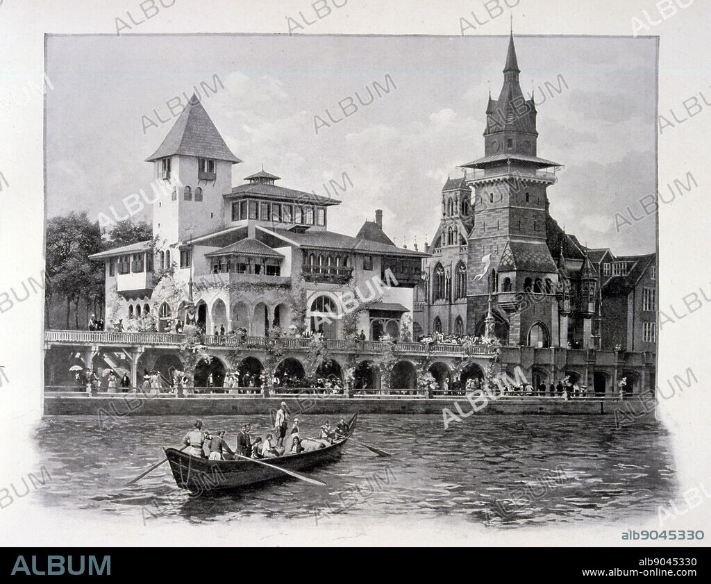 Exposition Universelle (World Fair) Paris, 1900; Black and white photograph of the Pavilion of Bosnia-Herzegovina and Hungary.
