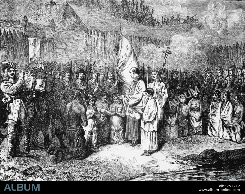 ANONYM. Religion / Christentum:. Christianisierung und Mission. "La croix et l'épée. Des missionnaires français prêchaient l'Evangile aux Indiens". (Christianisierung von Indianern). Holzstich, 1889.