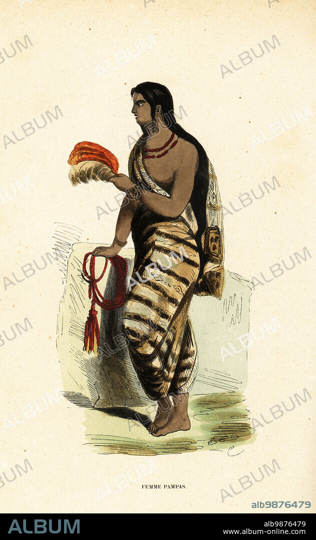 Woman of the Pampas lowlands, Argentina. She wears a dress of striped fabrics, necklace and earrings, and carries a feather fan and cord or lasso. Femme Pampas. Adapted from an illustration by Emeric Essex Vidal in Picturesque Illustrations of Buenos Ayres, 1820. Handcoloured woodcut after Emeric Essex Vidal from Auguste Wahlen's Moeurs, Usages et Costumes de tous les Peuples du Monde, (Manners, Customs and Costumes of all the People of the World) Librairie Historique-Artistique, Brussels, 1845. Wahlen was the pseudonym of Jean-Francois-Nicolas Loumyer (1801-1875), a writer and archivist with the Heraldic Department of Belgium.