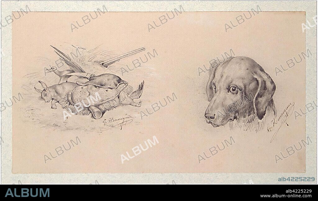 G. HENNEQUIN. 'Hunting Trophies and a Dog's Head'. Album "The Gold Book of Lorraine". France, 1893 (?). Dimensions: 13x24 cm.