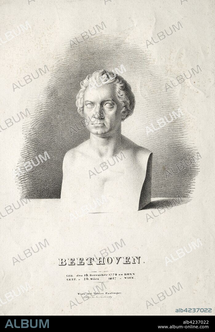 Bust of Ludwig van Beethoven. Joseph Kriehuber (German, 1800-1876). Lithograph.