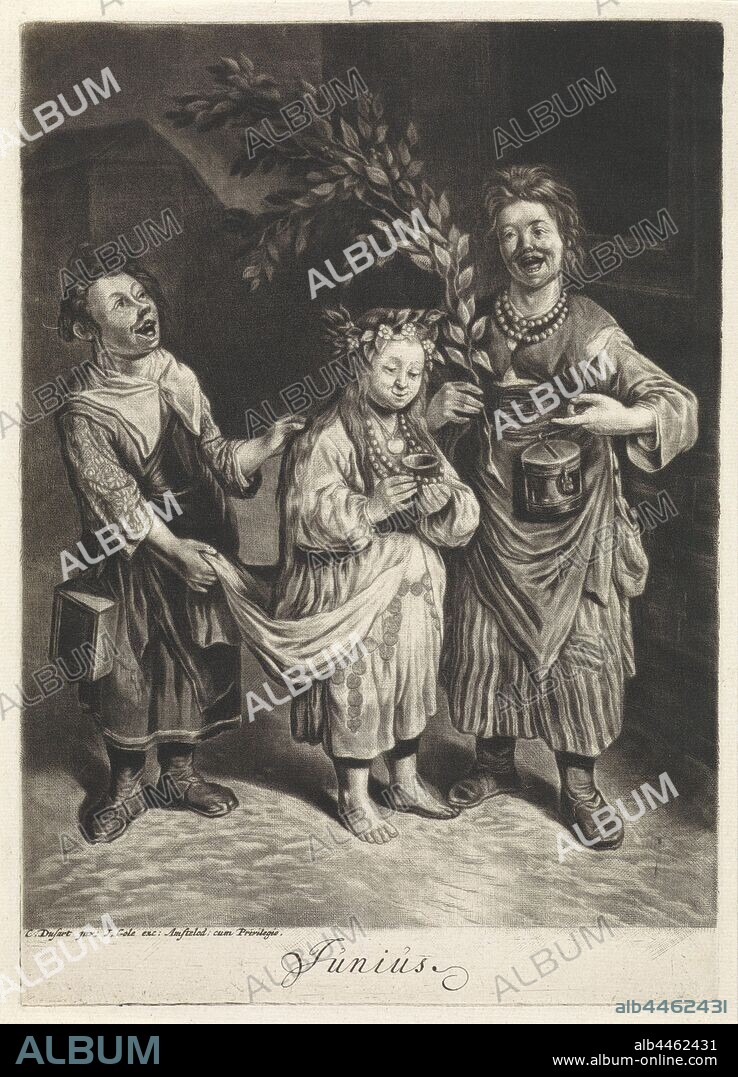 June (the Pentecostal Blom) Junius (title on object) The twelve months of the year, 'Les XII Mois de l'Année' (series title), A Pentecostal Blom (Pentecostal Flower or Pentecostal Bride), a a girl dressed in flowers and jewelery, dressed in a long robe, is accompanied by two dressed up children. Together they set out at Pentecost to raise money by singing songs. The print is part of a series of twelve prints with the twelve months of the year, June and its 'labor', children singing, flowers, Cornelis Dusart (mentioned on object), 1679 - 1704, paper, engraving, h 216 mm × w 154 mm.