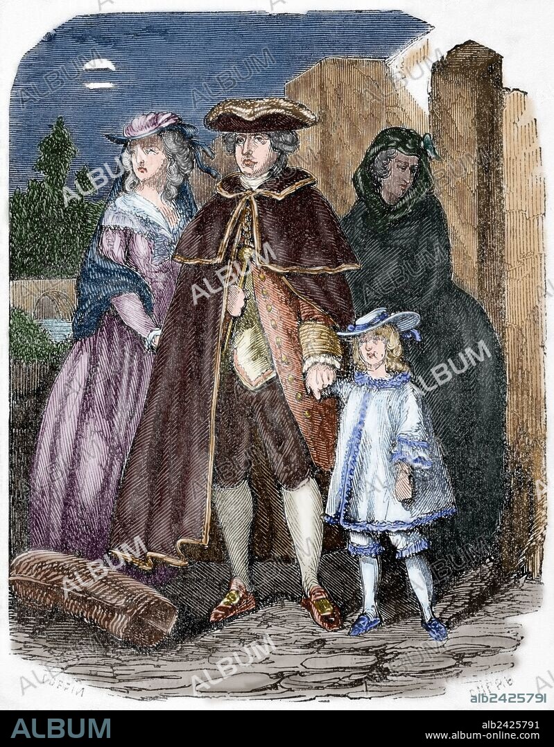 LOUIS DUPRE. REVOLUCION FRANCESA. FUGA DE LUIS XVI (1791), y su posterior captura en Varennes. "HUIDA DEL REY Y SU FAMILIA". Grabado realizado por Dupré, "Biblioteca Universal. Ediciones populares", 1851. Coloreado.