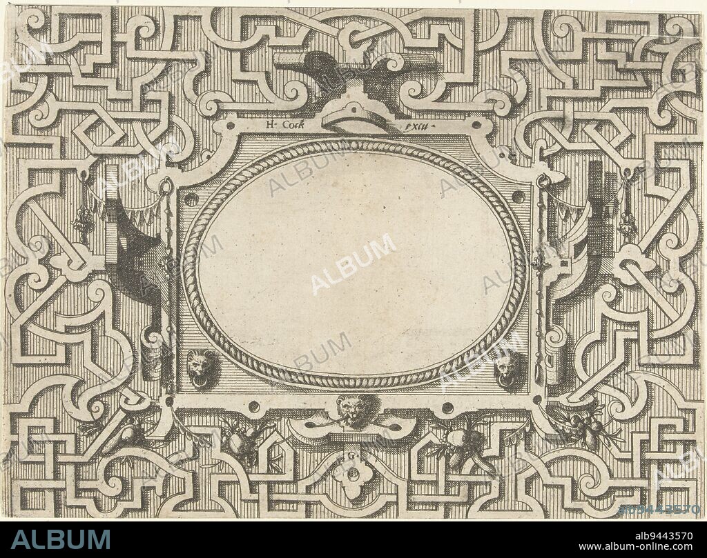 On the lower edge of the cartouche is a mascaron. Sheet G from series of 16 sheets, lettered A-Q. Shaded or dotted background., Oval cartouche with a corded border, surrounded by moresques Cartouches in a frame of scroll and hardware with grotesques, moresques, garlands, mascarons and trophies (series title), print maker: Johannes of Lucas van Doetechum, Hans Vredeman de Vries, publisher: Hieronymus Cock, Netherlands, (possibly), c. 1555 - c. 1560, paper, etching, h 154 mm × w 210 mm.