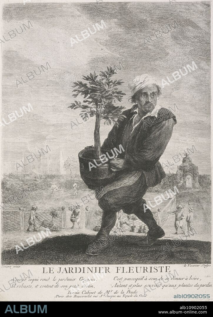 JEAN-CHARLES LEVASSEUR. Le Jardinier Fleuriste (The gardener), 1749-1797. His speciality is flowers rather than herbs or vegetables, and we see him here as he carefully carries a small shrub in a pot, walking to the left. Behind him we see several figures busily working on an ornamental garden.
