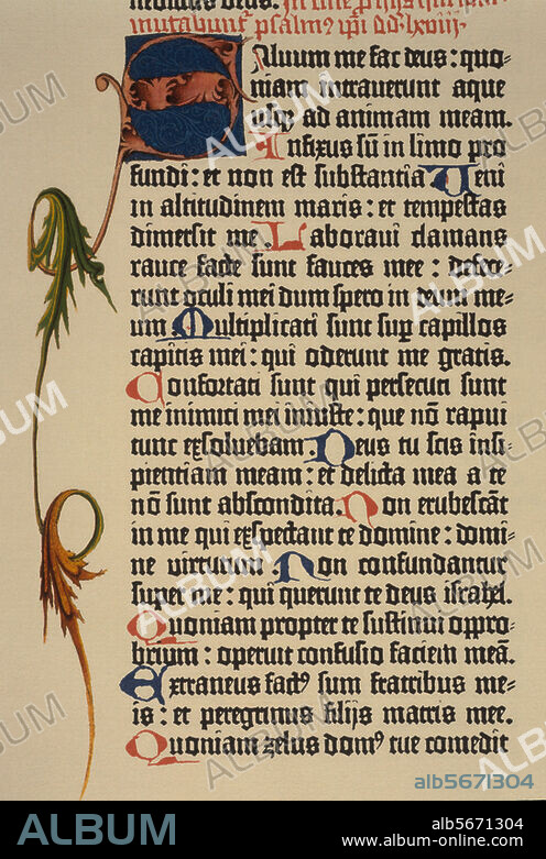 zu: Gutenberg, Johannes; um 1397-1468. 42-zeilige lateinische Bibel ("Gutenbergbibel") in Missalschrift, 2-spaltig; vollendet gegen 1455 in Mainz. Initiale "S" (Salvum me). Psalm 69. Typendruck und Buchmalerei.