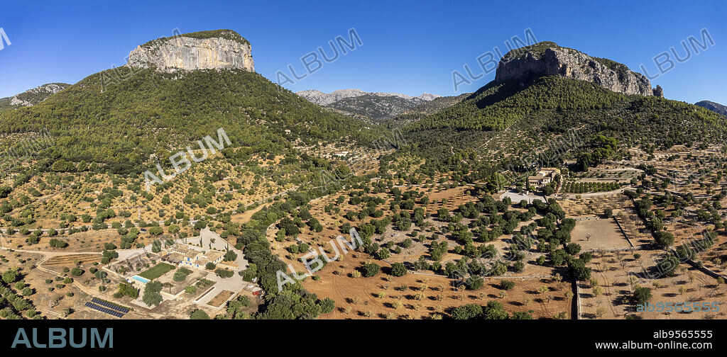 Puig del Castell d'Alaró and Puig de S'Alcadena with the Orient Valley in the middle, Alaro, . Majorca, Balearic Islands, Spain.