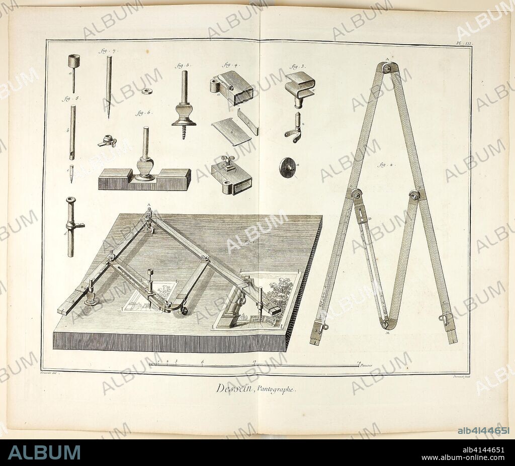 BENOÎT-LOUIS PRÉVOST. Design: Pantograph, from Encyclopédie. Benoît-Louis Prévost (French, c. 1735-1809); after Louis-Jaques Goussier (French, 1722-1799); published by André le Breton (French, 1708-1779), Michel-Antoine David (French, c. 1707-1769), Laurent Durand (French, 1712-1763), and Antoine-Claude Briasson (French, 1700-1775). Date: 1762-1777. Dimensions: 314 × 410 mm (image); 345 × 440 mm (plate); 411 × 480 mm (sheet). Engraving on cream laid paper. Origin: France.