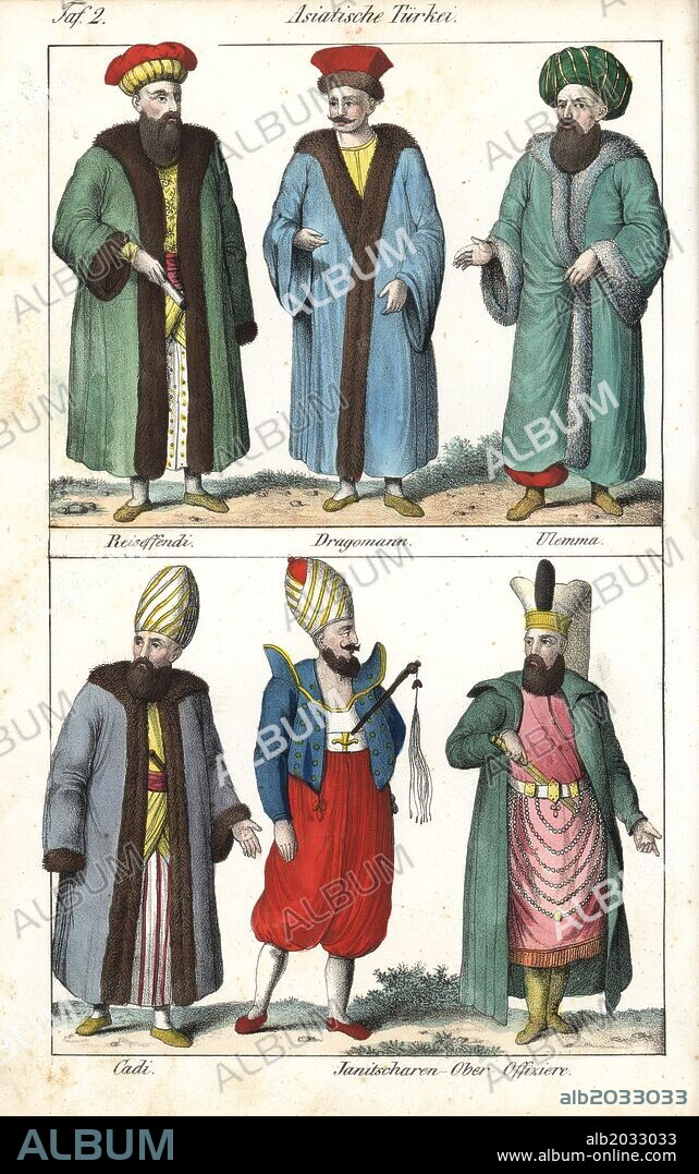 Costumes of Turkey including high ranking officials: foreign minister (Reis Effendi), interpreter (dragoman), Muslim scholar (ulama), judge (cadi) and high-ranking Janissary soldiers. Handcoloured lithograph from Friedrich Wilhelm Goedsche's "Vollstaendige Völkergallerie in getreuen Abbildungen" (Complete Gallery of Peoples in True Pictures), Meissen, circa 1835-1840. Goedsche (1785-1863) was a German writer, bookseller and publisher in Meissen. Many of the illustrations were adapted from Bertuch's "Bilderbuch fur Kinder" and others.