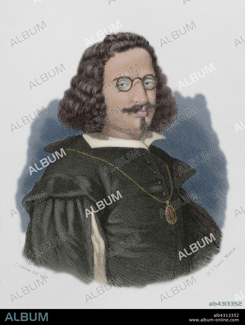 JOSÉ CEBRIÁN (1839-1904). SPANISH ILLUSTRATOR AND ENGRAVER.. Francisco de Quevedo (1580-1645). Escritor español del Siglo de Oro. Retrato. Dibujo por J. Cebrián. Litografía. Coloreada. Crónica General de España, Historia Ilustrada y Descriptiva de sus Provincias. Castilla-La Nueva, 1869.