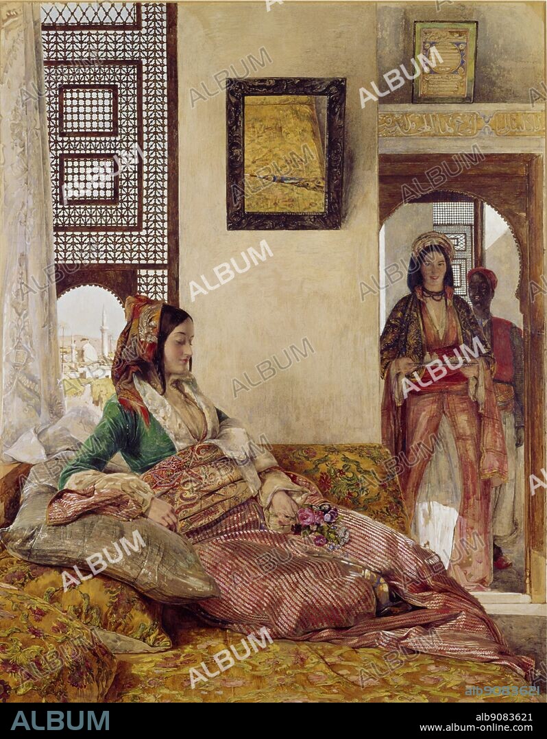 Life in the Harem, Cairo - 1858. by John F. Lewis - Lewis, John Frederick (1805-76). in the V&A. In the Arab tradition, imitated by other Muslim cultures, the harîm is the part of the household forbidden to male strangers. In Western languages such as English, this term refers collectively to the wives in a polygynous household as well as the "no-males allowed" area, or in more modern usage to a number of women followers or admirers of a man.. ©2006 TopFoto.