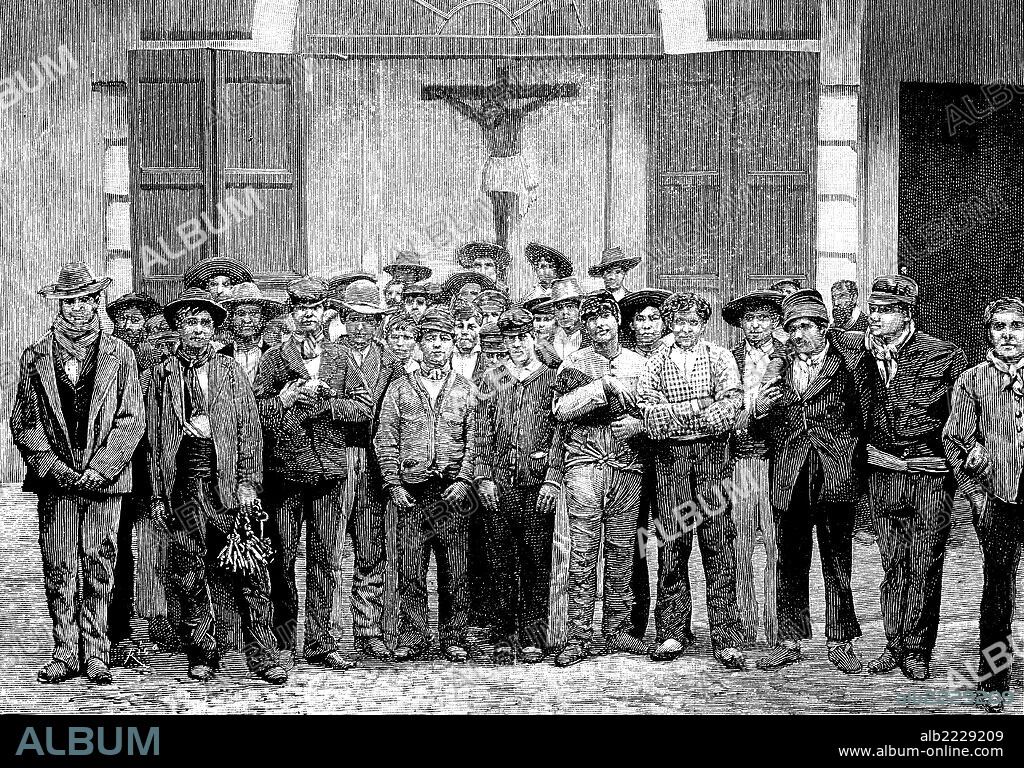 España. Cárcel de Cádiz. Grupo de presos afiliados a la asociación anarquista La Mano Negra. Grabado de 1883.