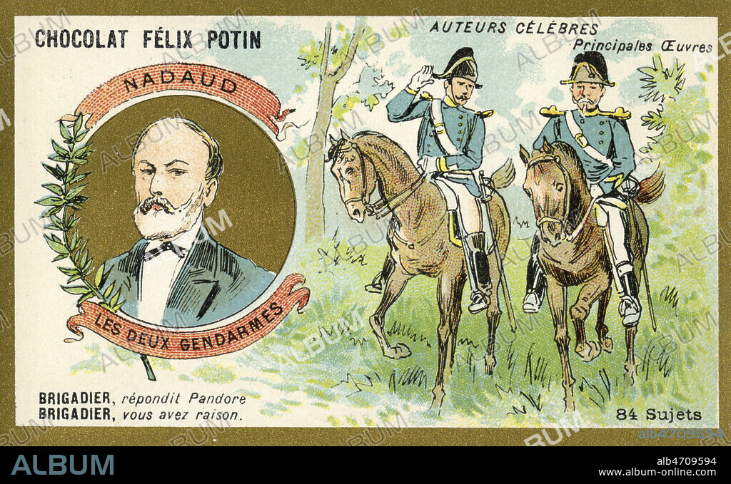'NADAUD Gustave (1820-1893) Les deux gendarmes. Brigadier, repondit Pandore. brigadier, vous avez raison'. Illustration anonyme pour une serie de chromo 'Auteurs celebres' vers 1900. Credit : Collection IM/KHARBINE-TAPABOR.