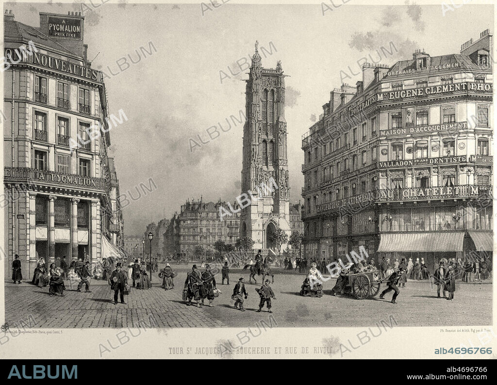 Paris, la tour Saint-Jacques , grands magasins, carrefour rue de Rivoli, vers 1840 1850, 19eme siecle. Credit JEAN VIGNE/KHARBINE TAPABOR.