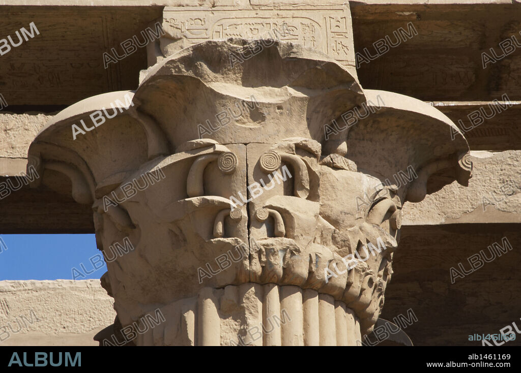 ARTE EGIPCIO. EGIPTO. KOM OMBO. TEMPLO DE SOBEK Y HAROERIS, de época ptolemaica o Láguida. Se inició su construcción en el siglo II a. C. Egipto. Detalle de una columna papiriforme. Capitel. Norte de Africa.