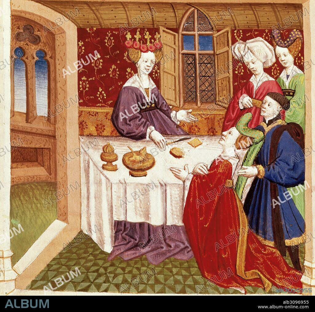 "TRISTAN E ISOLDA". Leyenda medieval originaria probablemente del País de Gales, que narra las aventuras de ambos enamorados. "ISEO DE RODILLAS IMPLORA LA PROTECCION DE LA REINA GINEBRA, QUE ESTA SENTADA EN LA MESA". Miniatura de la Escuela francesa, de un manuscrito del siglo XV, escrito en prosa. Museo Condé. Castillo de Chantilly. Francia.